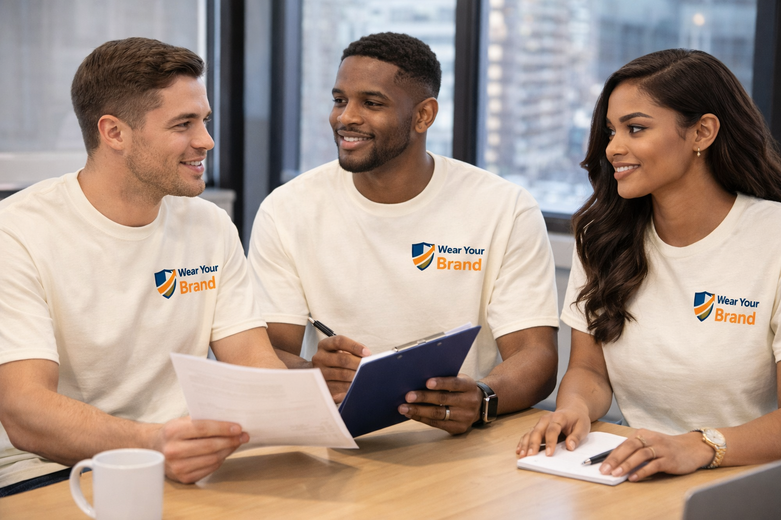 Founder wearing branded apparel